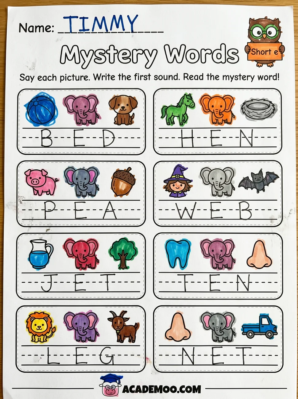 Short E Mystery Words — Free Printable Worksheet worksheet — kindergarten language arts printable PDF · Free printable Short E mystery words worksheet.